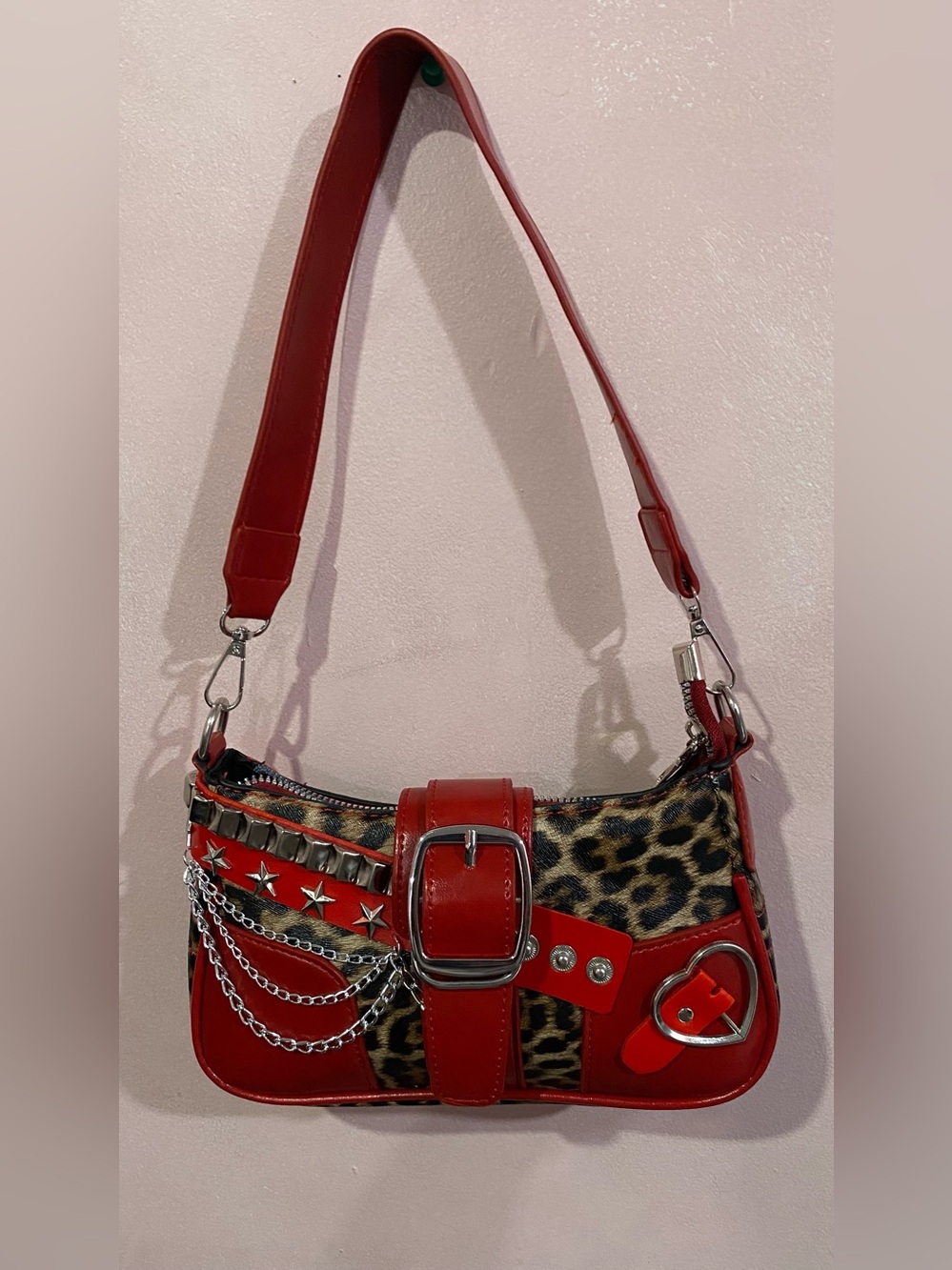 Red Leopard Accent Mini Shoulder Bag with Silver Hardware